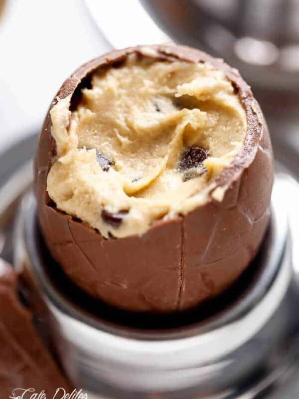 Top view image of Chocolate Chip Cookie Dough Filled Easter Eggs!