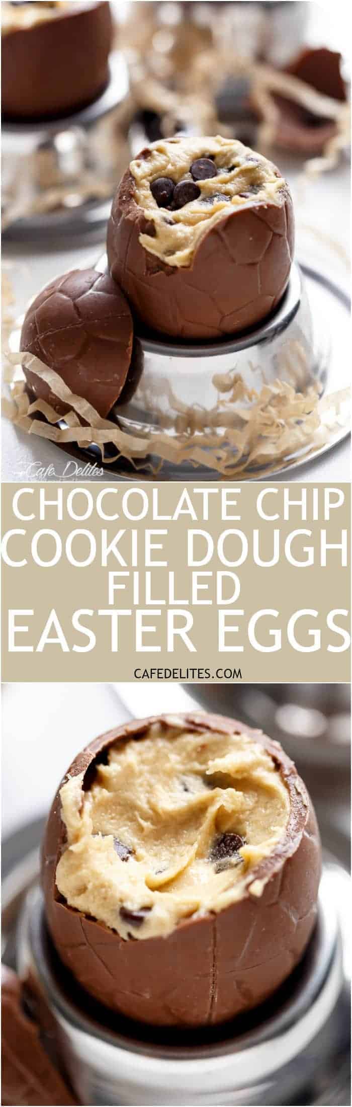 Chocolate Chip Cookie Dough Filled Easter Eggs! Perfect for any event, party OR to use up those Easter eggs in a completely decadent way! | https://cafedelites.com