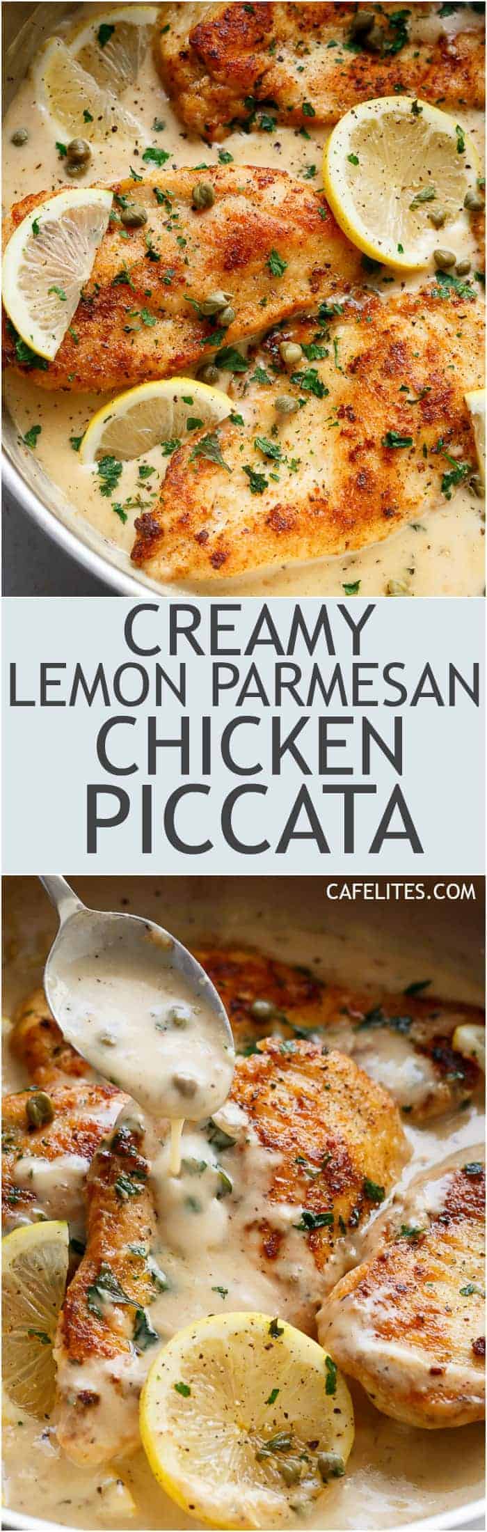 The ultimate in gourmet comfort food with parmesan cheese, garlic and a creamy lemon sauce, this Creamy Lemon Parmesan Chicken Piccata is out of this world. With NO heavy cream! | https://cafedelites.com
