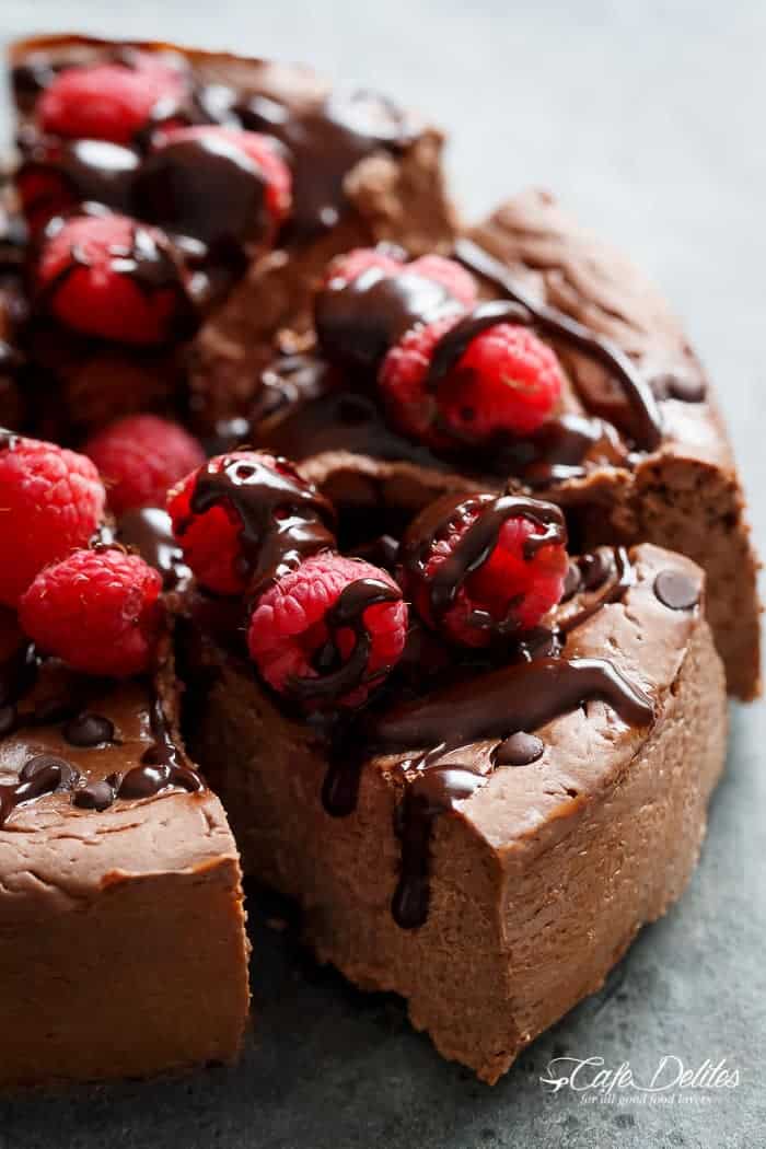 Crustless Chocolate Raspberry Cheesecake (Low Carb + Low Fat) | https://cafedelites.com