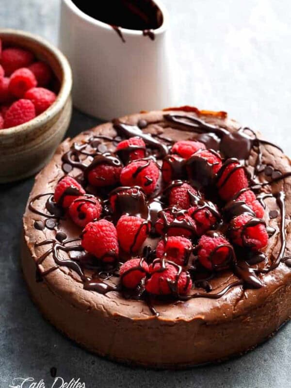 Top view of Crustless Chocolate Raspberry Cheesecake