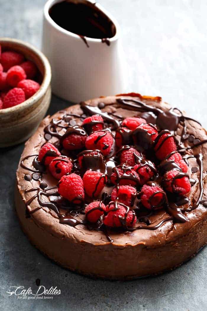 Crustless Chocolate Raspberry Cheesecake (Low Carb + Low Fat) | https://cafedelites.com