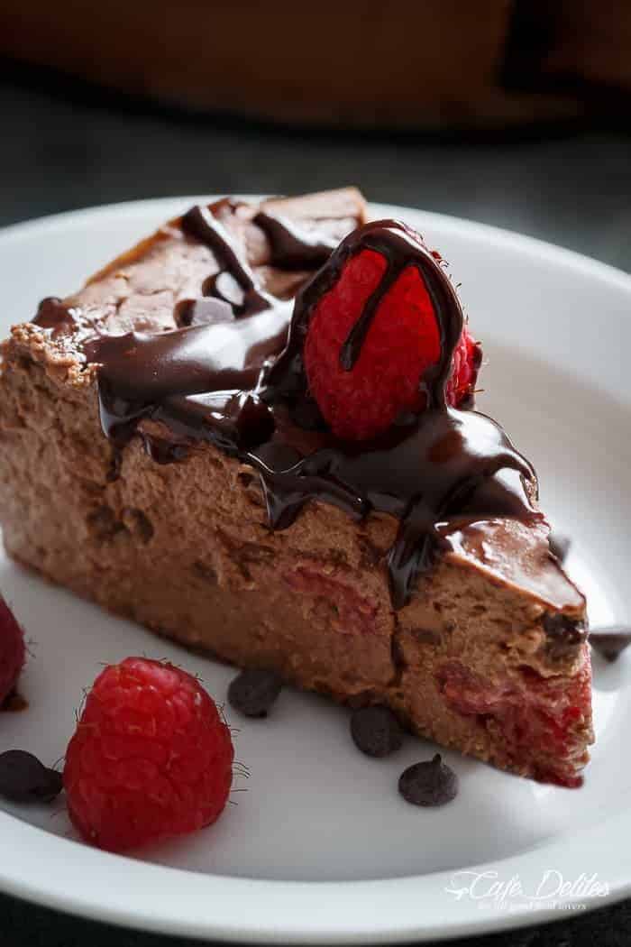 A Crustless Chocolate Raspberry Cheesecake that happens to be only  Chocolate Raspberry Cheesecake (Low Carb + Low Fat)