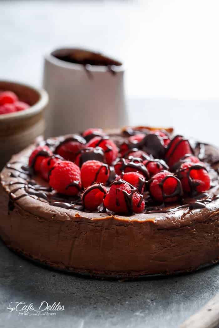 A Crustless Chocolate Raspberry Cheesecake that happens to be only  Chocolate Raspberry Cheesecake (Low Carb + Low Fat)