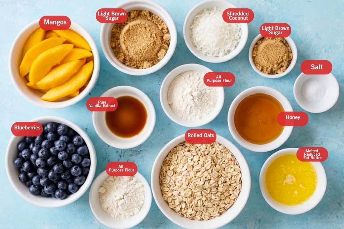 Flat lay photo of ingredient shot of mangos, light brown sugar, shredded coconut, salt, melted reduced fat butter, rolled oats, all purpose flour, pure vanilla extract, blueberries, honey