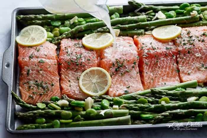 One Pan Lemon Garlic Baked Salmon + Asparagus | https://cafedelites.com