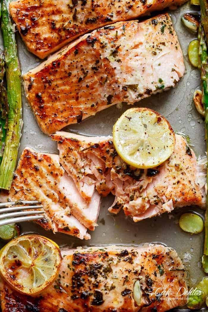 One Pan Lemon Garlic Baked Salmon + Asparagus | https://cafedelites.com