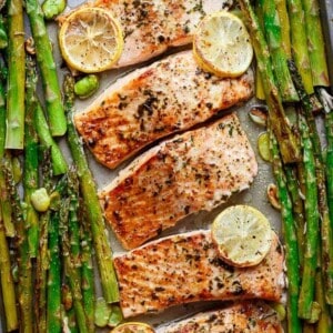 One Pan Lemon Garlic Baked Salmon and Asparagus
