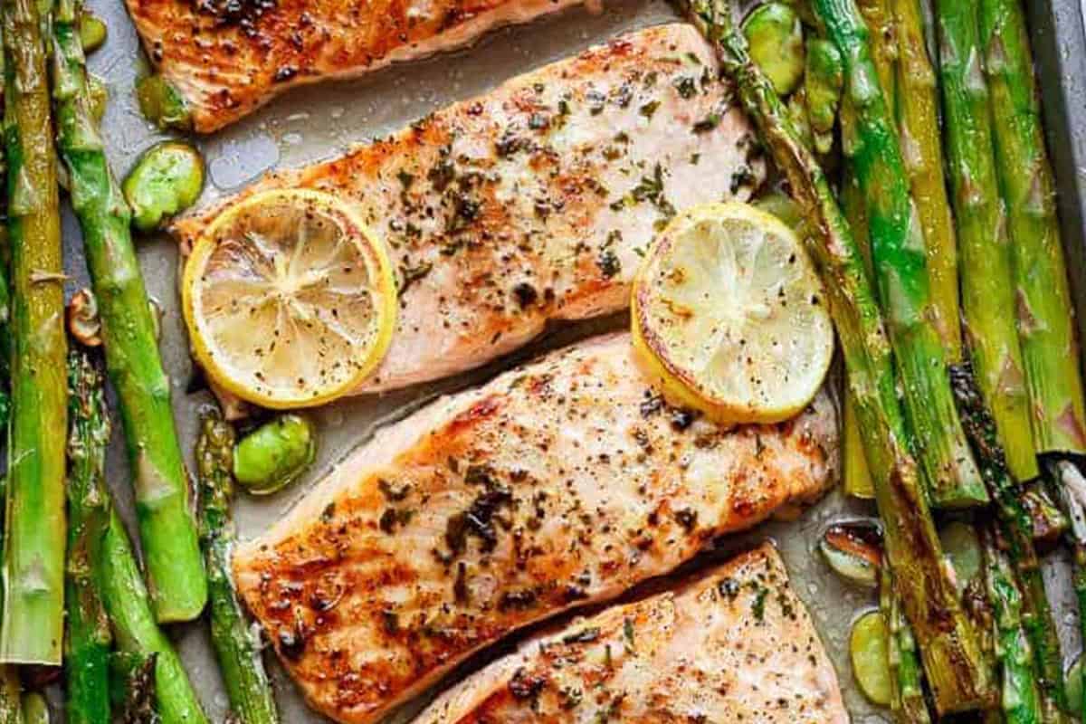 Close-up shot of One Pan Baked Lemon Garlic Salmon and Asparagus.