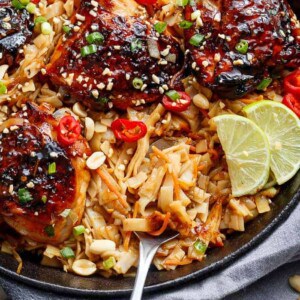 One Pot Thai Chicken Thighs + Noodles in a bowl