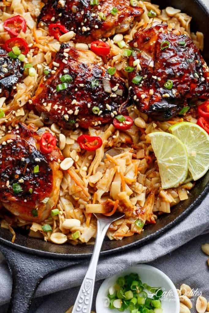 One Skillet Thai Chicken Thighs + Noodles - Cafe Delites