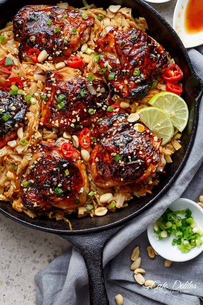 one skillet thai chicken thighs + noodles