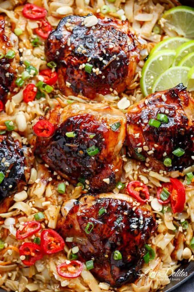 One Skillet Thai Chicken Thighs + Noodles - Cafe Delites