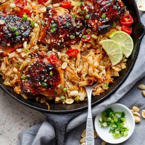 Thai inspired chicken recipe served with Thai Rice noodles, cooked in one skillet! |