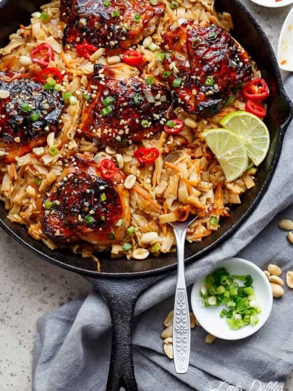 Thai inspired chicken recipe served with Thai Rice noodles, cooked in one skillet! |