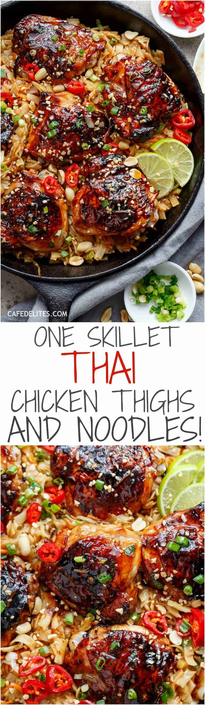 One Skillet Thai Chicken Thighs + Noodles! A sticky, Thai inspired chicken recipe served with Thai Rice noodles, cooked in one skillet! | https://cafedelites.com