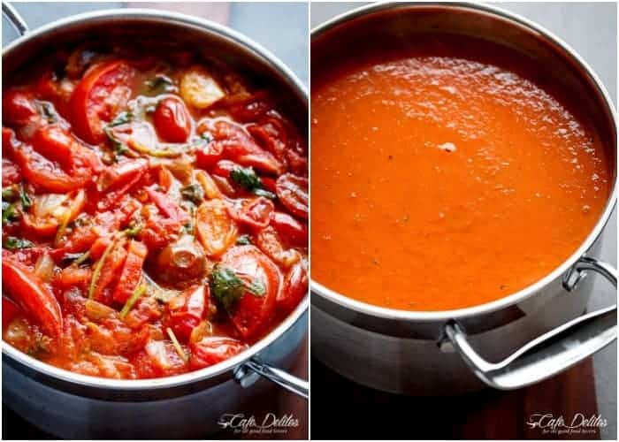 An easy and Creamy Roasted Tomato Basil Soup full of incredible flavours Creamy Roasted Tomato Basil Soup (No Cream)