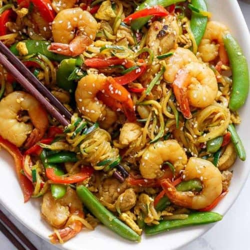 Singapore Zoodle Stir Fry With Chicken on a platter