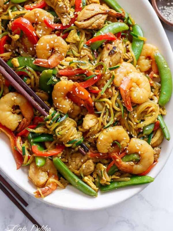 Singapore Zoodle Stir Fry With Chicken on a platter