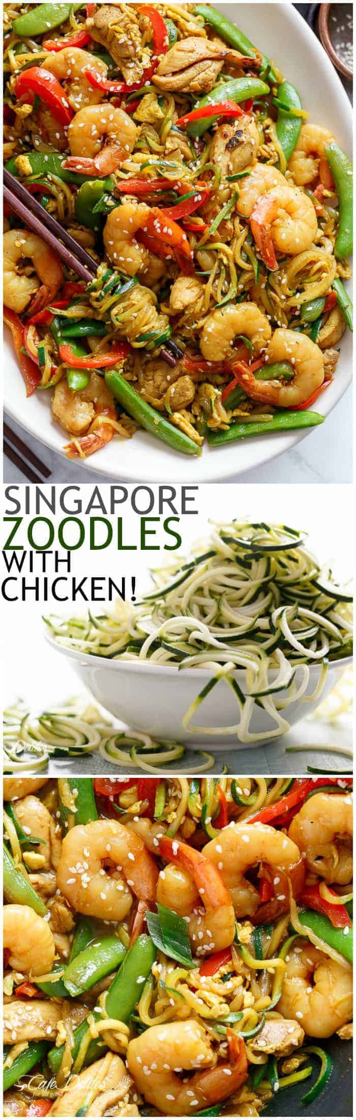 A twist on the classic Singapore Noodles -- same classic flavours only low carb and low calories with Zoodles! | https://cafedelites.com