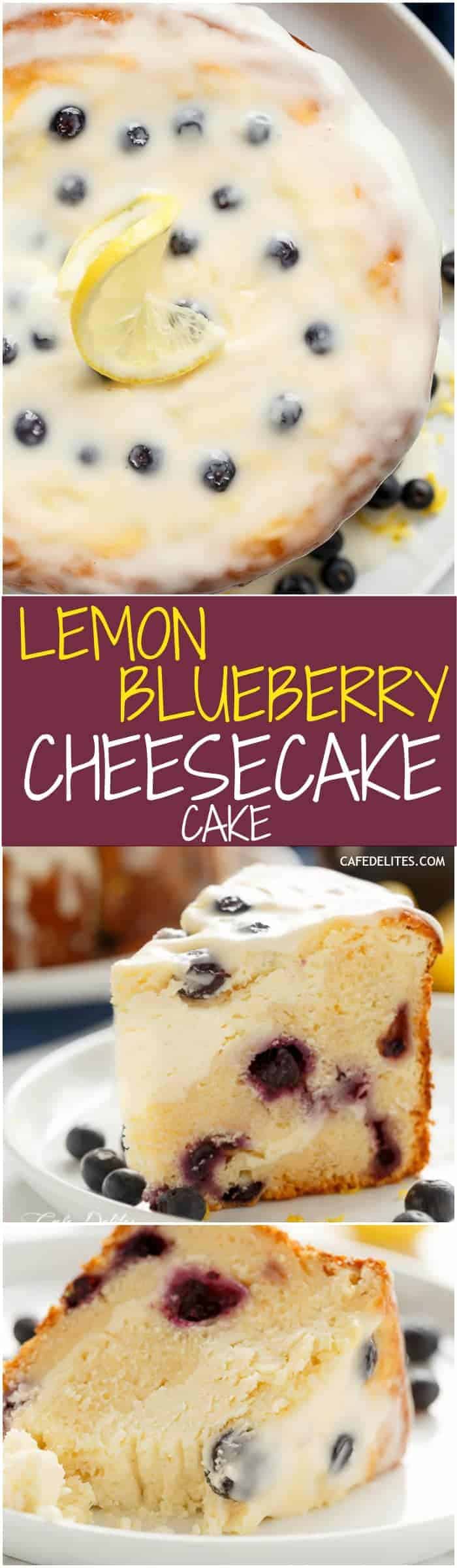 Blueberry Lemon Cheesecake Cake with a Lemon Cream Cheese Glaze to kick start your season! Baked in the one pan Easy to make with no layering! | https://cafedelites.com