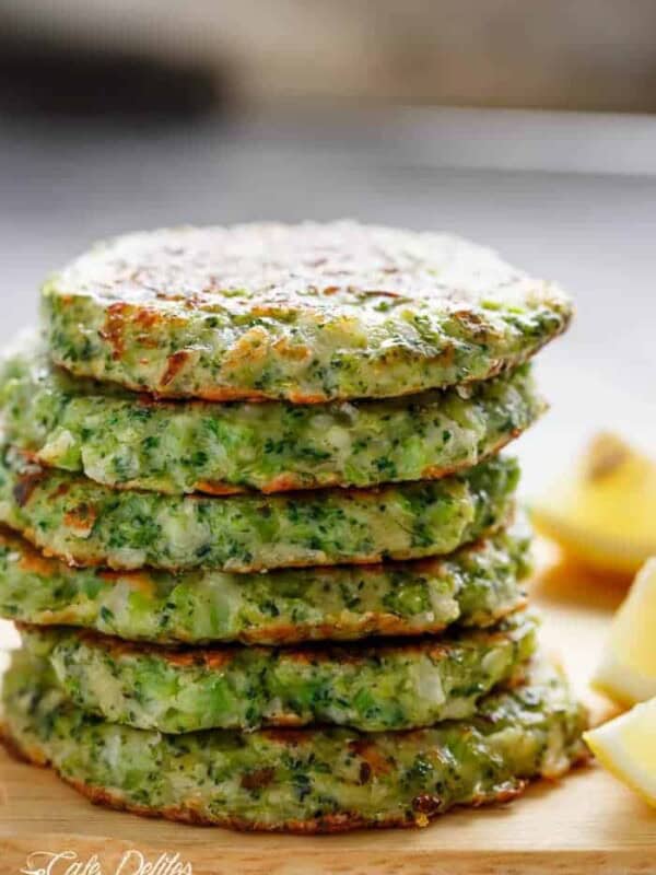 Crispy Broccoli Parmesan Fritters -- baked instead of fried stacked on each other