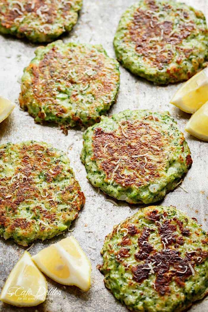 Crispy Broccoli Parmesan Fritters -- baked instead of fried -- is a great way to deliciously stash veggies for both children and adults! | https://cafedelites.com