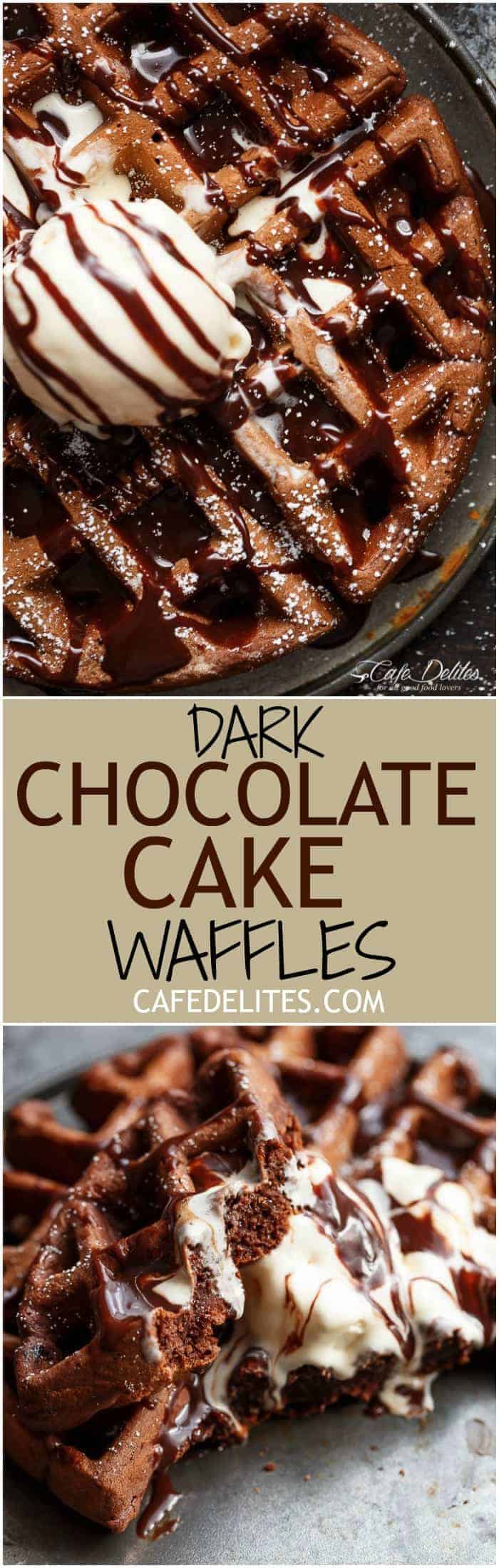 Dark Chocolate Cake Waffles are rich and decadent, chocolate cake transformed into waffles! Perfect for breakfast or dessert with no complicated steps! | https://cafedelites.com