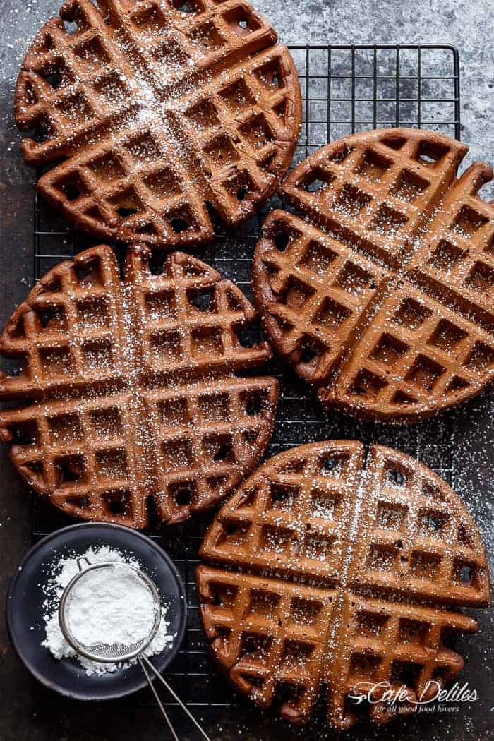  chocolate cake transformed into waffles with a Nutella Ganache Dark Chocolate Cake Waffles