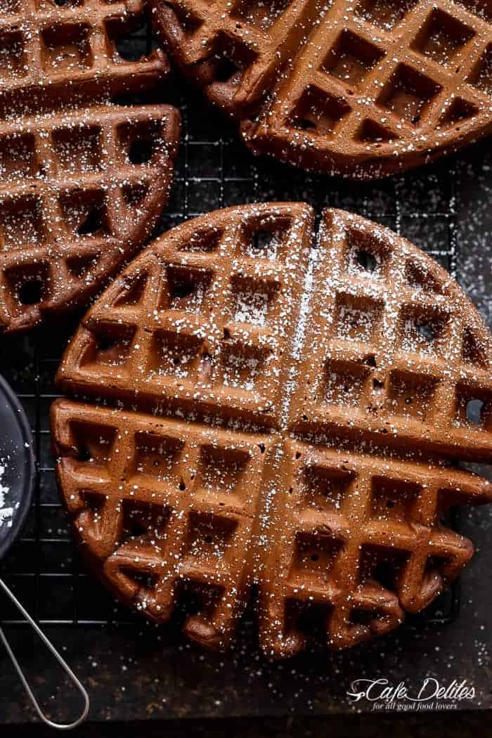 Dark Chocolate Cake Waffles are rich and decadent, chocolate cake transformed into waffles! Perfect for breakfast or dessert with no complicated steps! | https://cafedelites.com