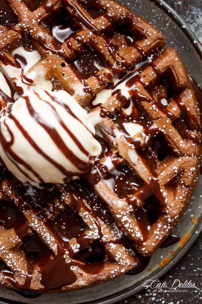  chocolate cake transformed into waffles with a Nutella Ganache Dark Chocolate Cake Waffles