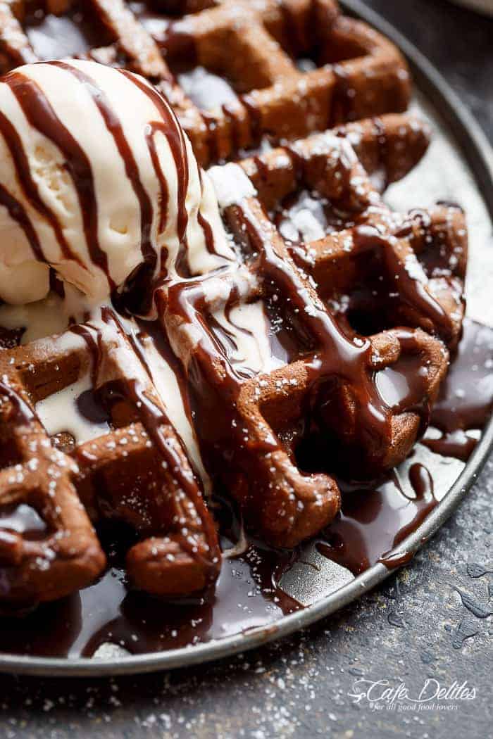  chocolate cake transformed into waffles with a Nutella Ganache Dark Chocolate Cake Waffles