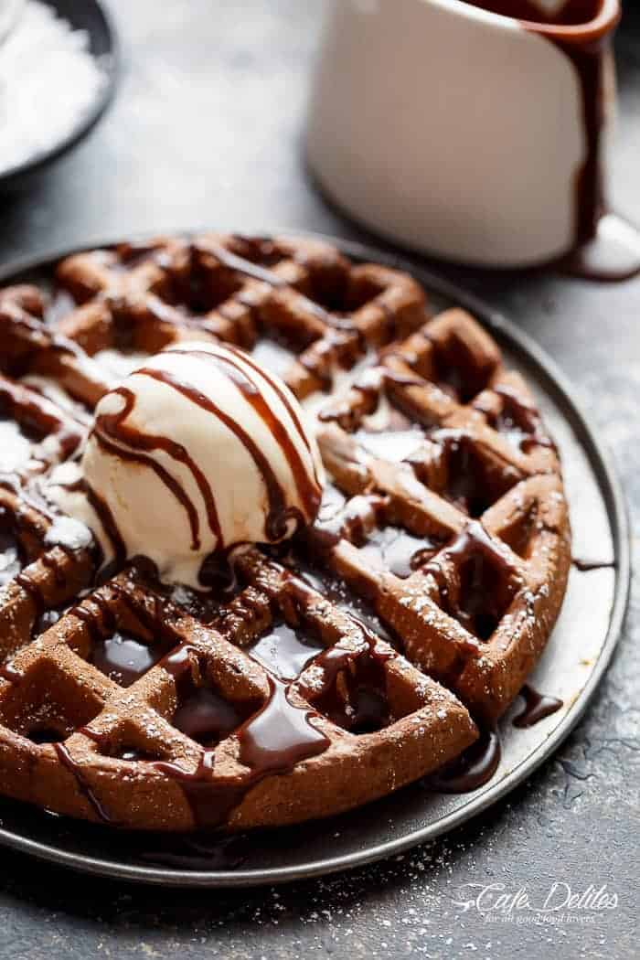 Dark Chocolate Cake Waffles are rich and decadent, chocolate cake transformed into waffles! Perfect for breakfast or dessert with no complicated steps! | https://cafedelites.com