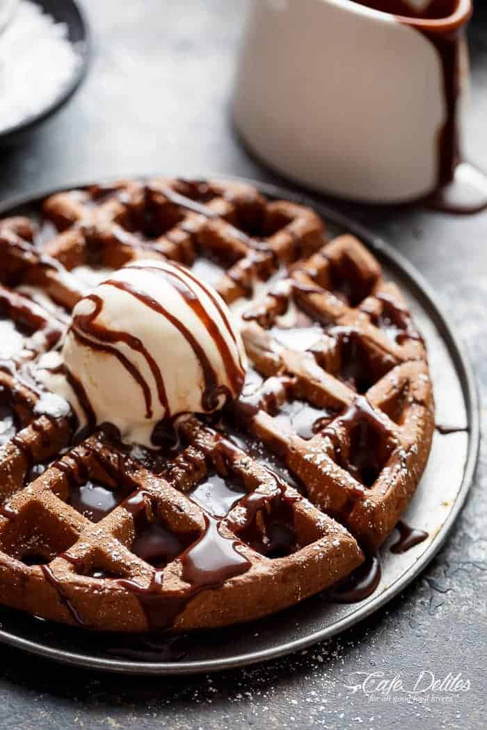  chocolate cake transformed into waffles with a Nutella Ganache Dark Chocolate Cake Waffles