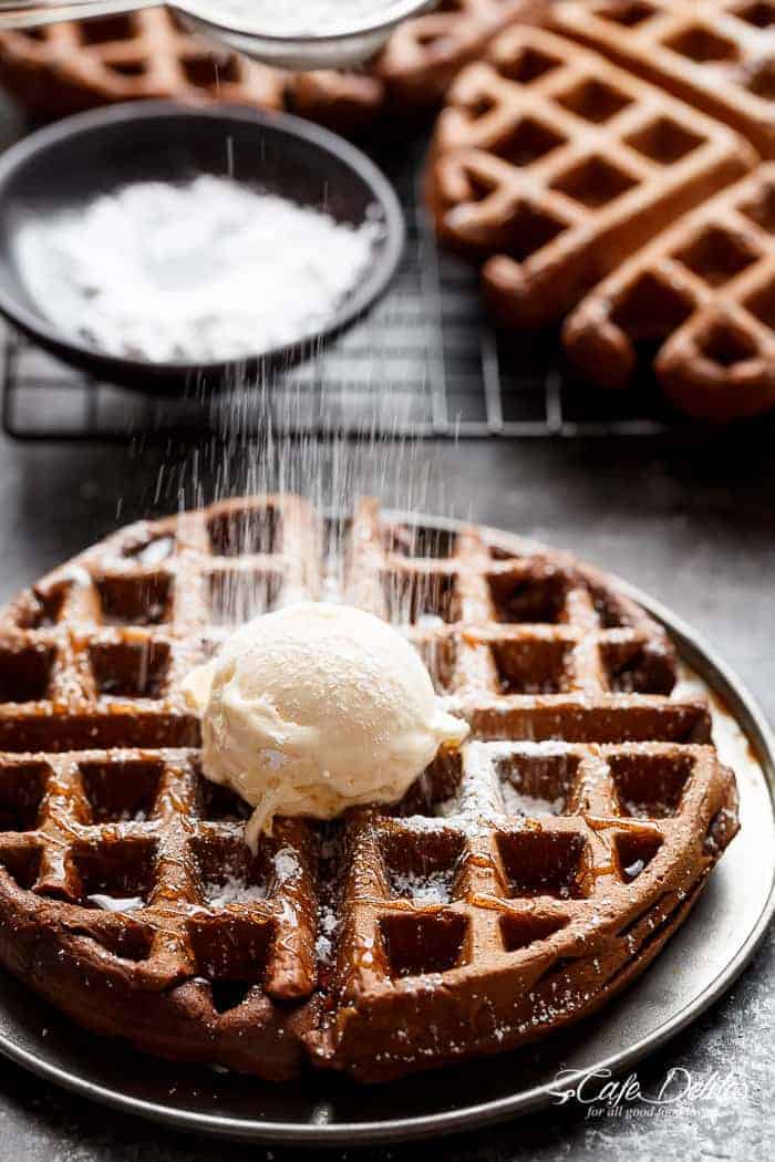  chocolate cake transformed into waffles with a Nutella Ganache Dark Chocolate Cake Waffles