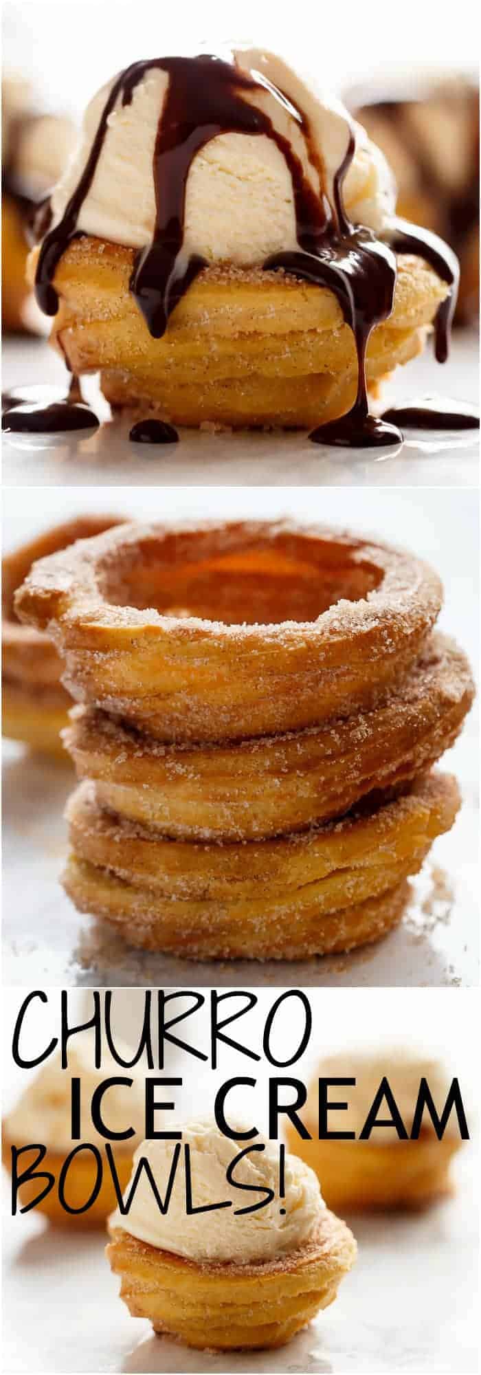 Churro Ice Cream Bowls! Crispy on the outside, soft on the inside, and exactly how a Churro should be...but without deep frying! | https://cafedelites.com