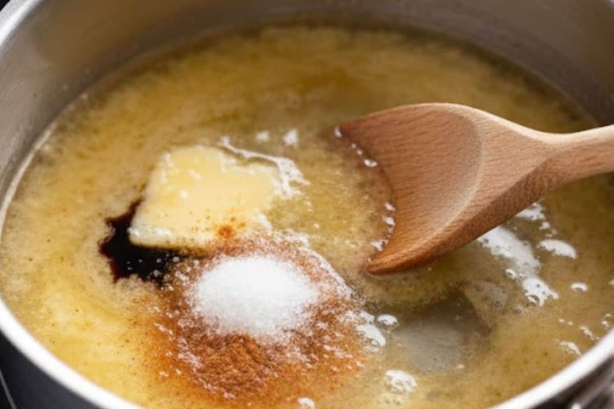 Melt butter in saucepan, add water, sugar, vanilla, cinnamon, and salt, then simmer before stirring in flour until it forms a smooth ball.