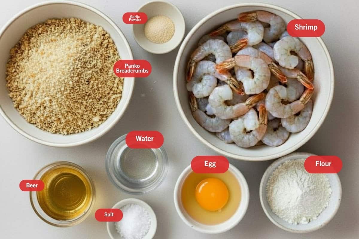 Flat lay photo gf ingredient shot of panko breadcrumbs, garlic powder, shrimp, flour, egg, water, beer, salt