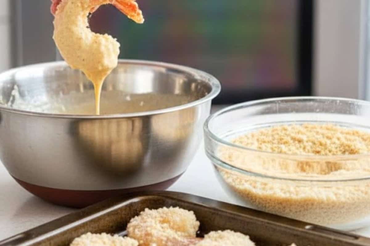 Hold the  shrimp by the tail, dip it into the batter until coated, shake off excess, then roll in Panko breadcrumbs for extra crunch.