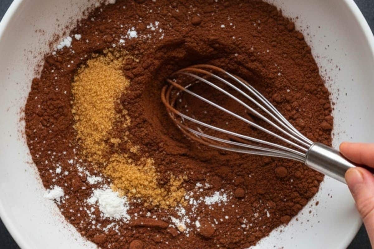 In a large bowl, whisk together the flour, cocoa powder, brown sugar, baking powder and salt 