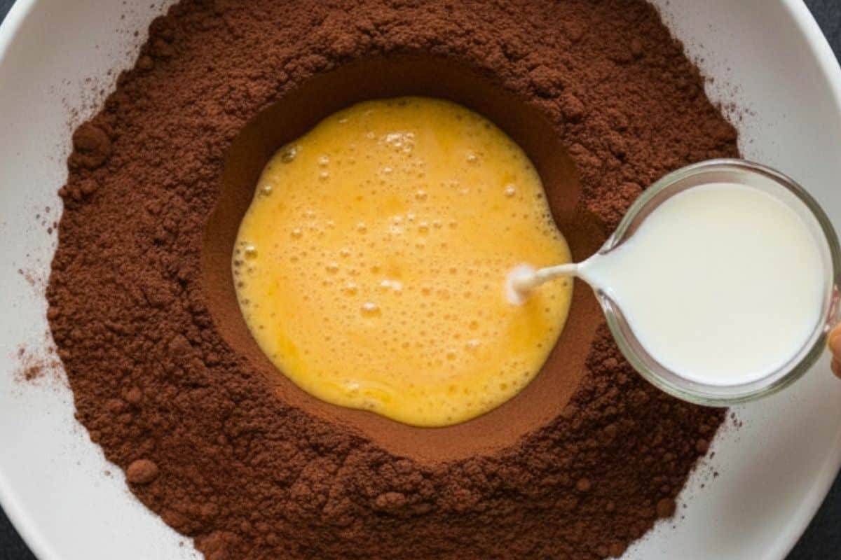 Make a well in the center of the mix, then add eggs, oil or melted butter, and milk.