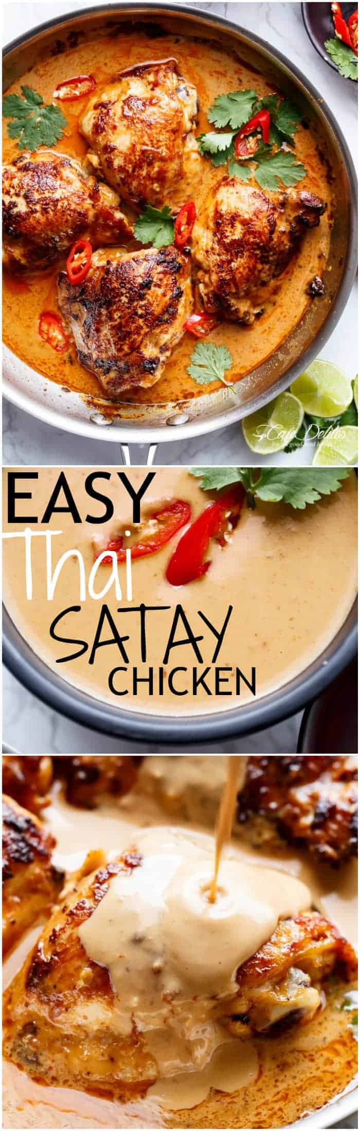 Thai Satay Chicken In A Creamy Peanut Sauce with a special ingredient that makes this satay something spectacular in minutes! | https://cafedelites.com