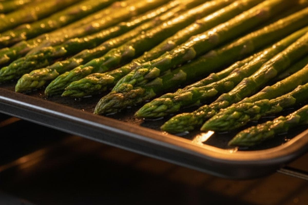 Roasting the asparagus in the oven.