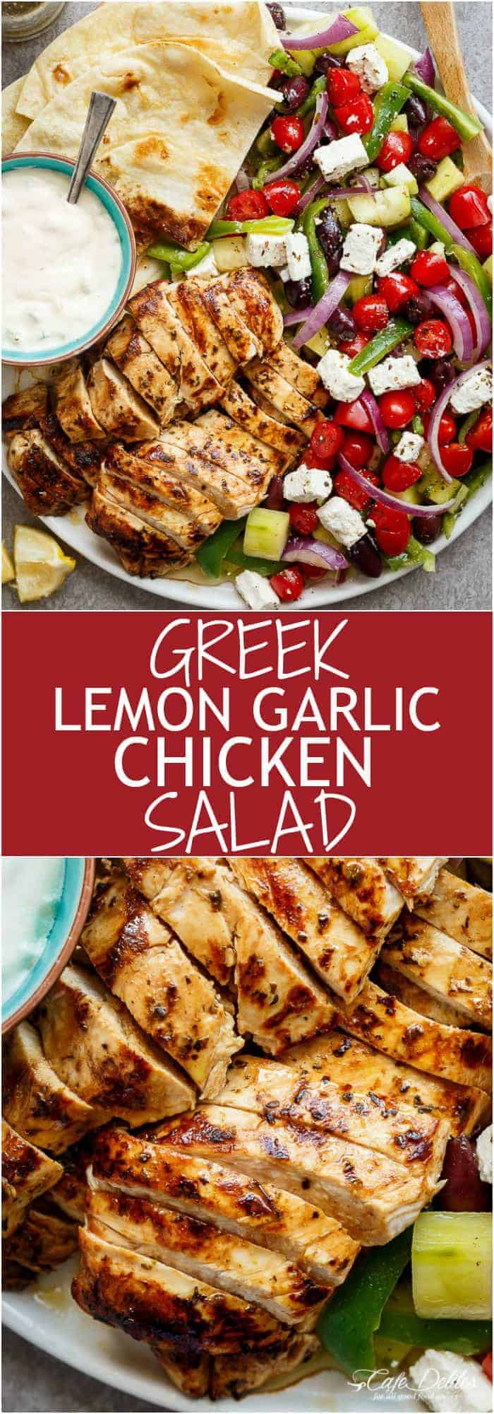 Greek Lemon Garlic Chicken Salad with an incredible dressing that doubles as a marinade! Complete with Tzatziki and homemade flatbreads, it's a winner! | https://cafedelites.com