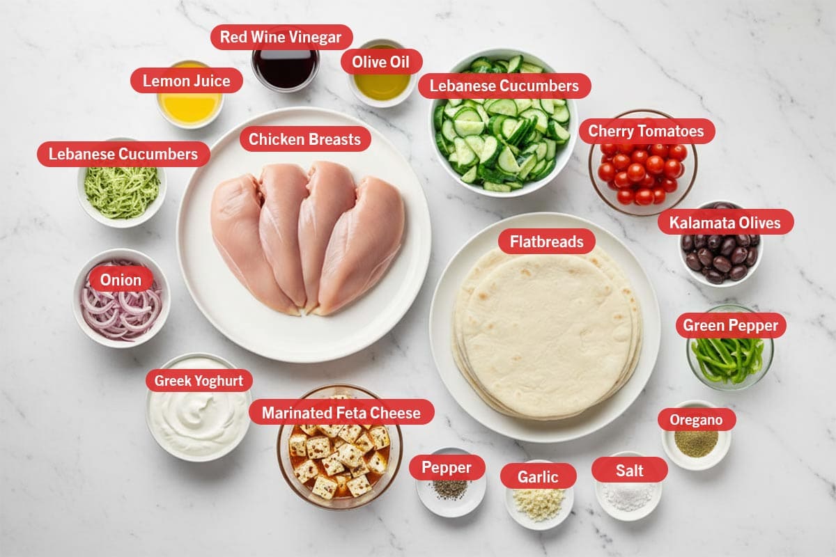 Top shot of ingredients: lemon juice, red wine vinegar, olive oil, lebanese cucumbers, cherry tomatoes, kalamata olives, green pepper, oregano, salt, garlic, pepper, marinated feta cheese, greek yogurt, onion, chicken breasts, and flatbreads.