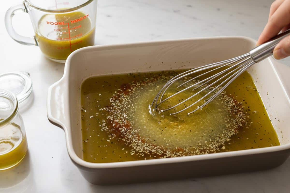 Whisking the olive oil, lemon juice, red wine vinegar, garlic, oregano, salt, and pepper in a shallow dish.