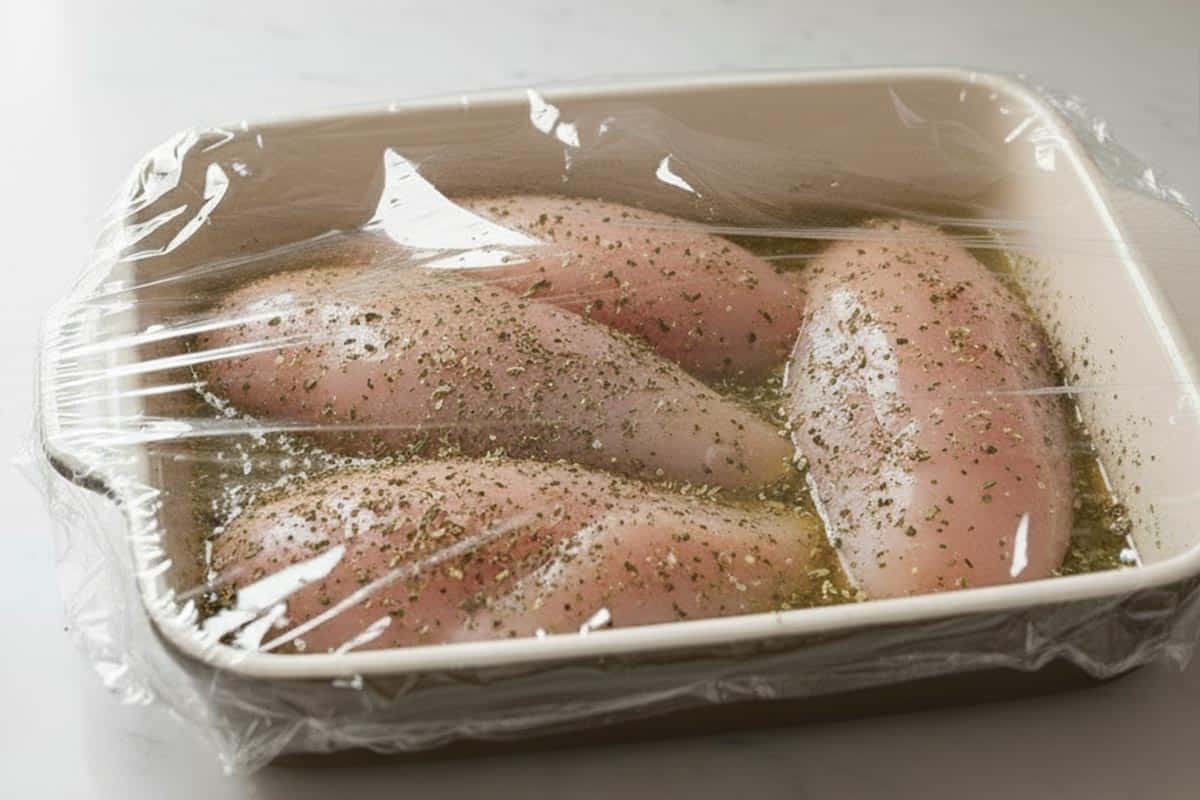 Marinating the chicken in the dish and cover with plastic.