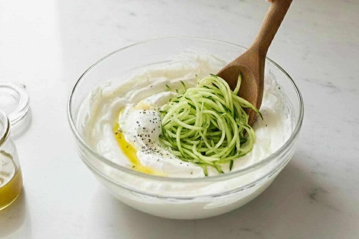 Combining Greek yogurt, olive oil, grated cucumber, garlic, lemon juice, and salt in a bowl.