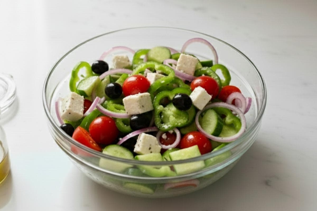 Mixed cucumbers, cherry tomatoes, green pepper, red onion, feta, and olives in a bowl.