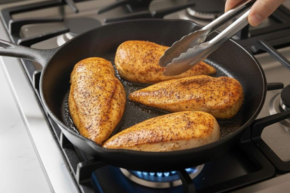 Searing the marinated chicken in a pan.